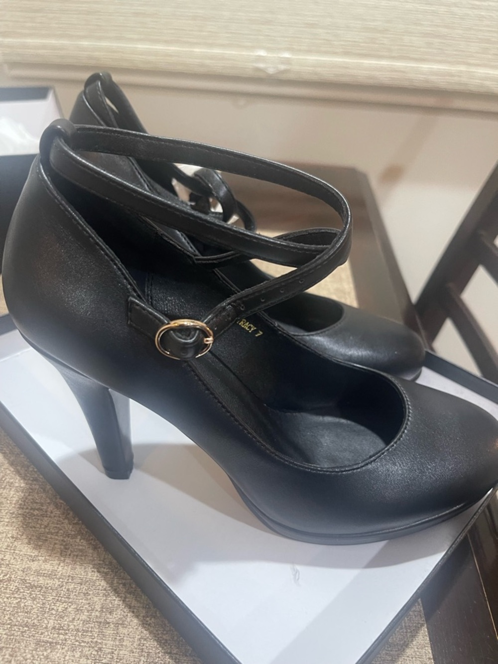 IDIFU Tracy Black Cross-Strap High Heel Pumps with Gold Buckle